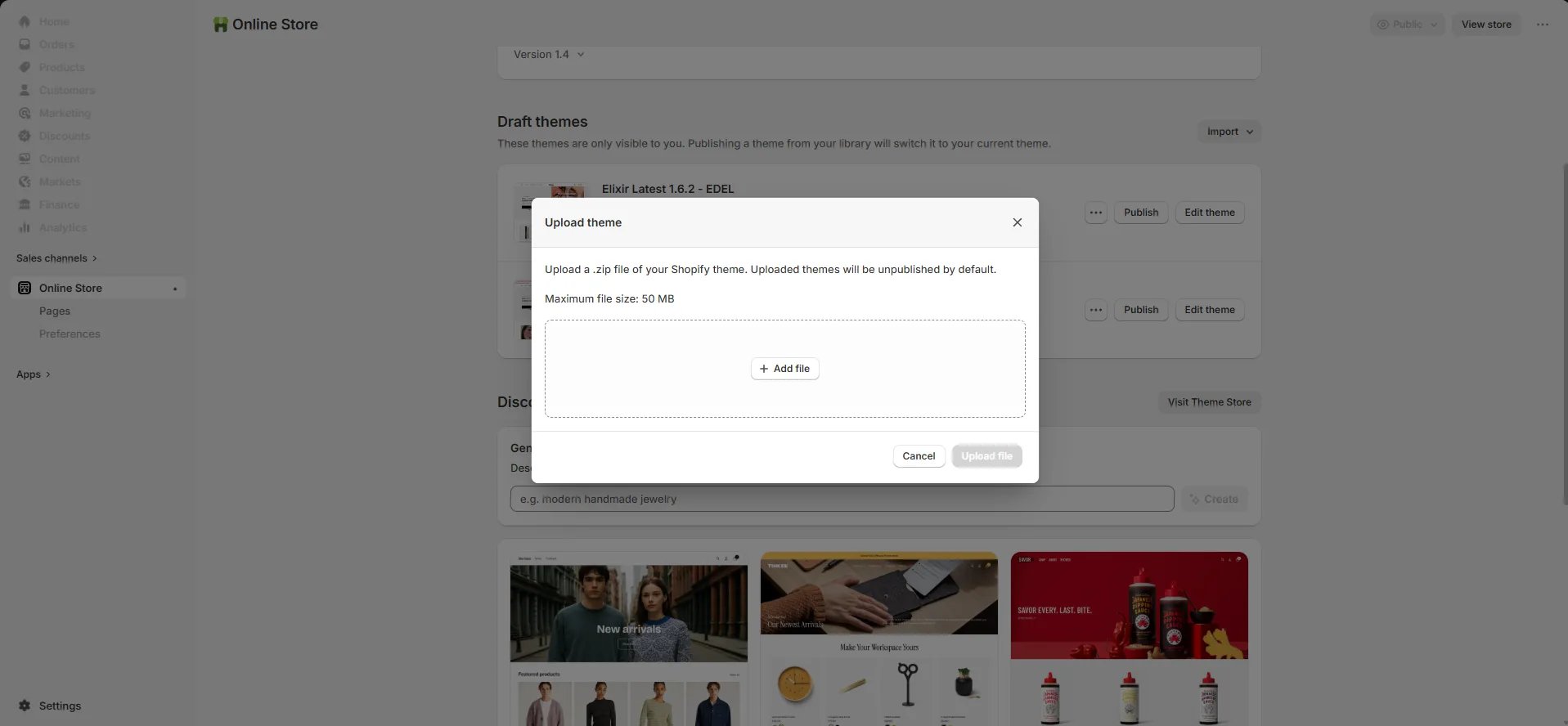 Shopify's Upload theme dialog with the Add file button, noting a 50 MB maximum