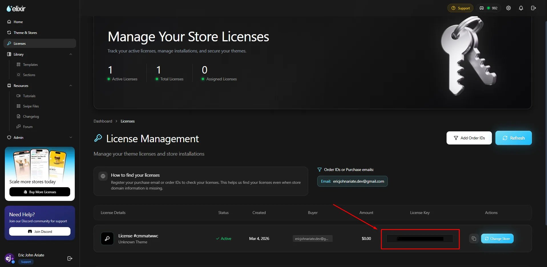 The License Management page, with the License Key column highlighted on an active license row