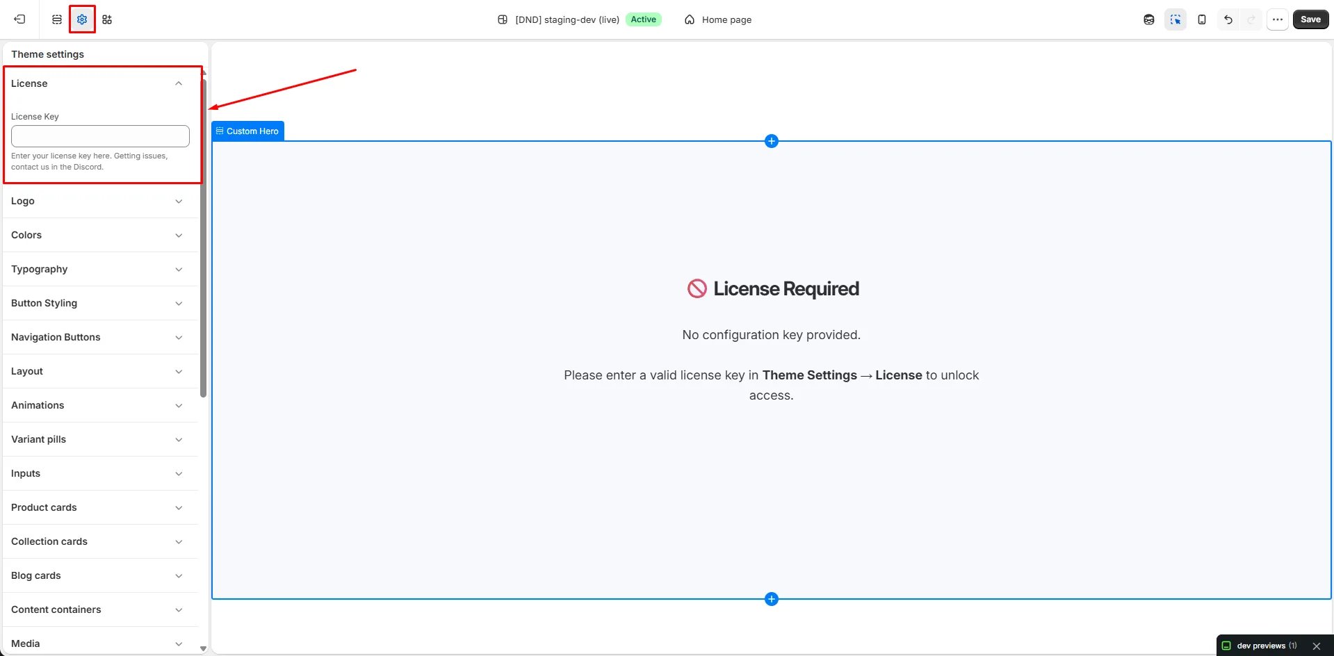 The License section of Shopify Theme settings, with the License Key field highlighted next to a "License Required" preview