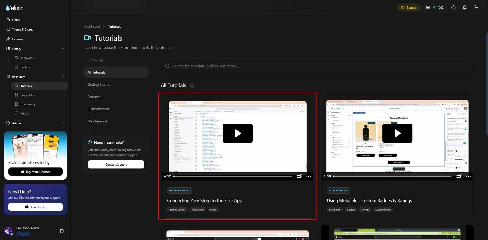 The Tutorials page with the "Connecting Your Store to the Elixir App" video highlighted
