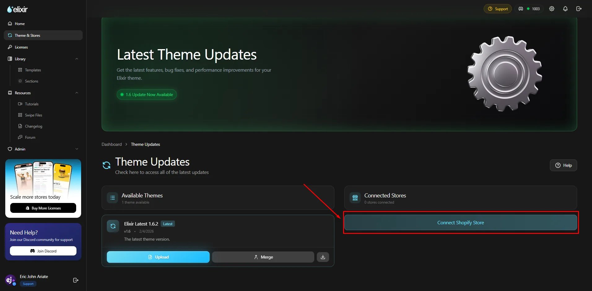 The Theme Updates page with the "Connect Shopify Store" button highlighted