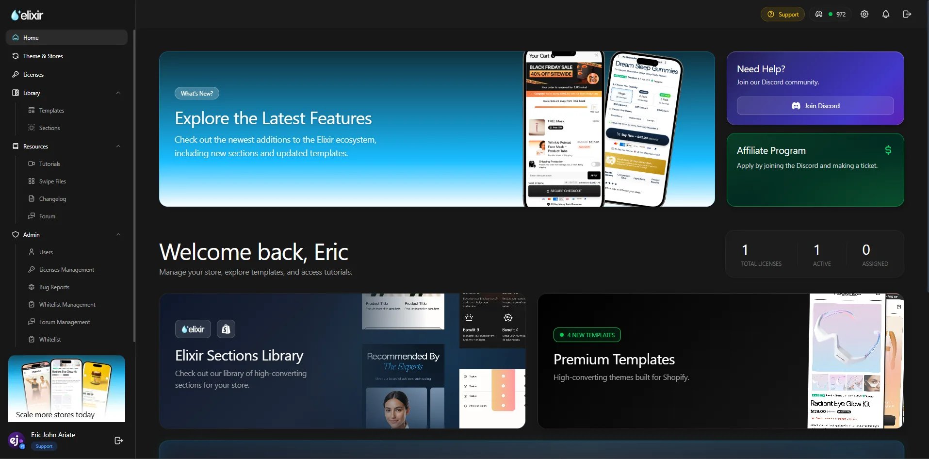 The Elixir dashboard home page, showing theme downloads, licenses, and tutorials in the sidebar