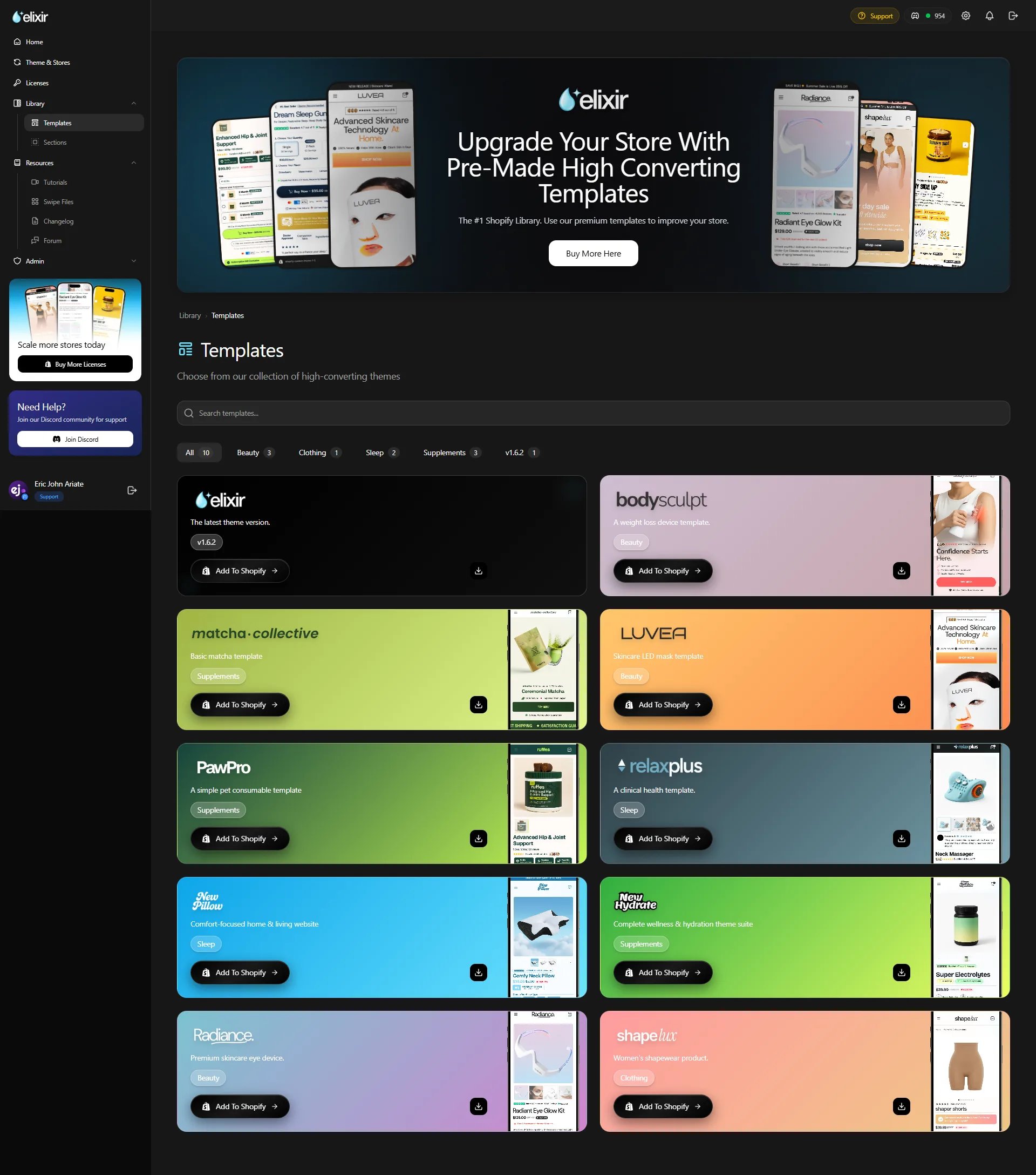 The Premade Templates page in the Elixir dashboard, with a download button on each theme