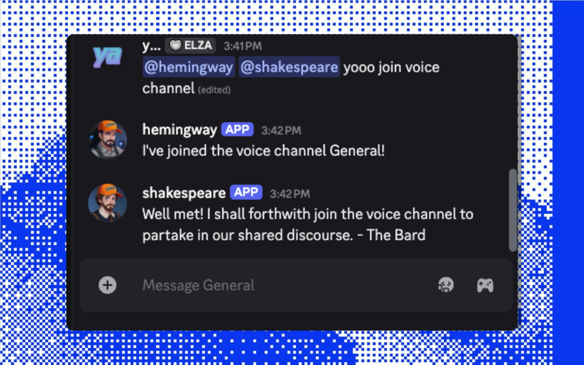 Discord text channel showing messages inviting Shakespeare and Hemingway to join voice chat