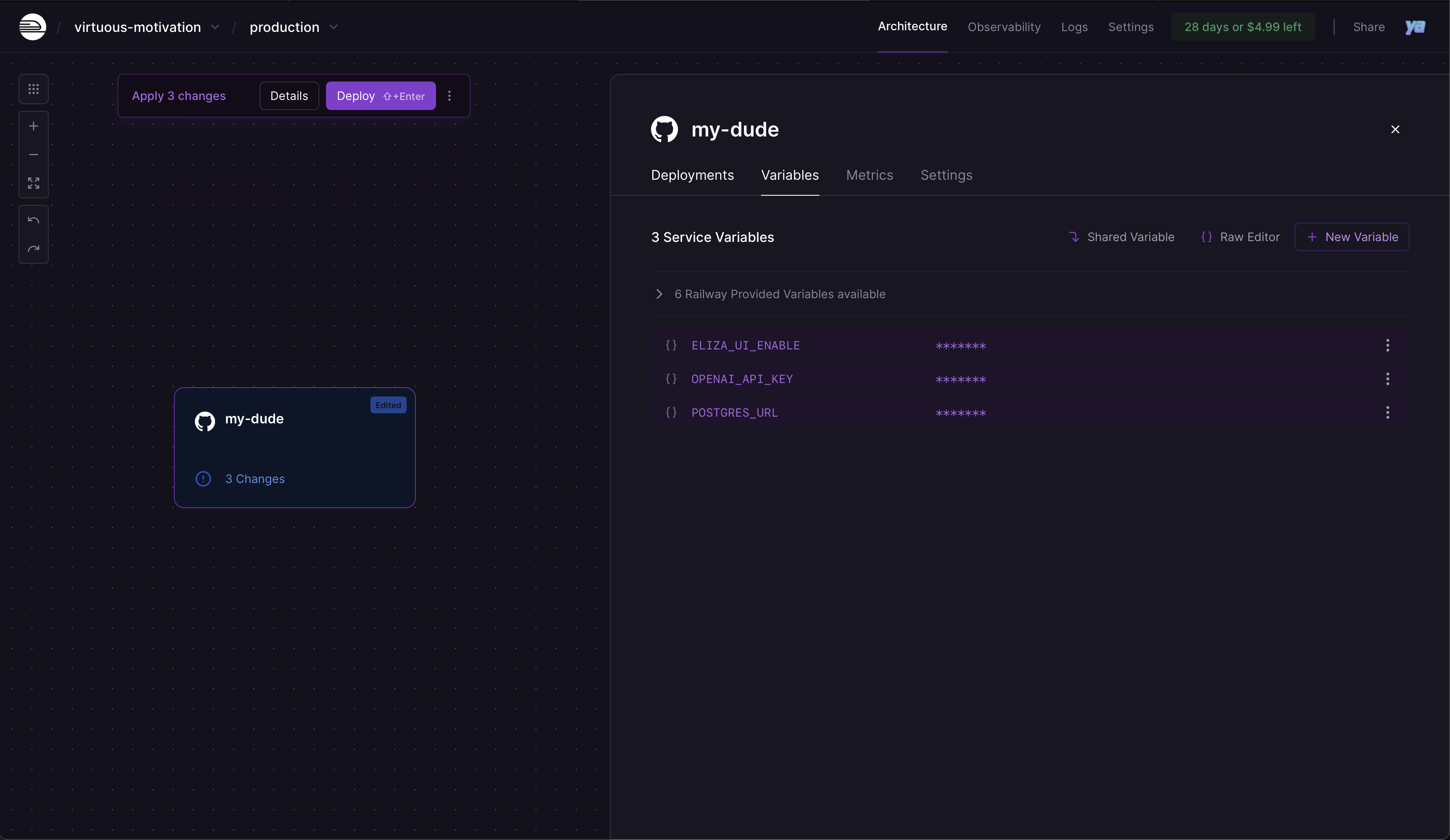 Railway environment variables interface