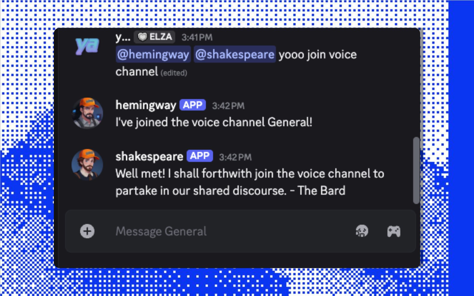 Discord text channel showing messages inviting Shakespeare and Hemingway to join voice chat