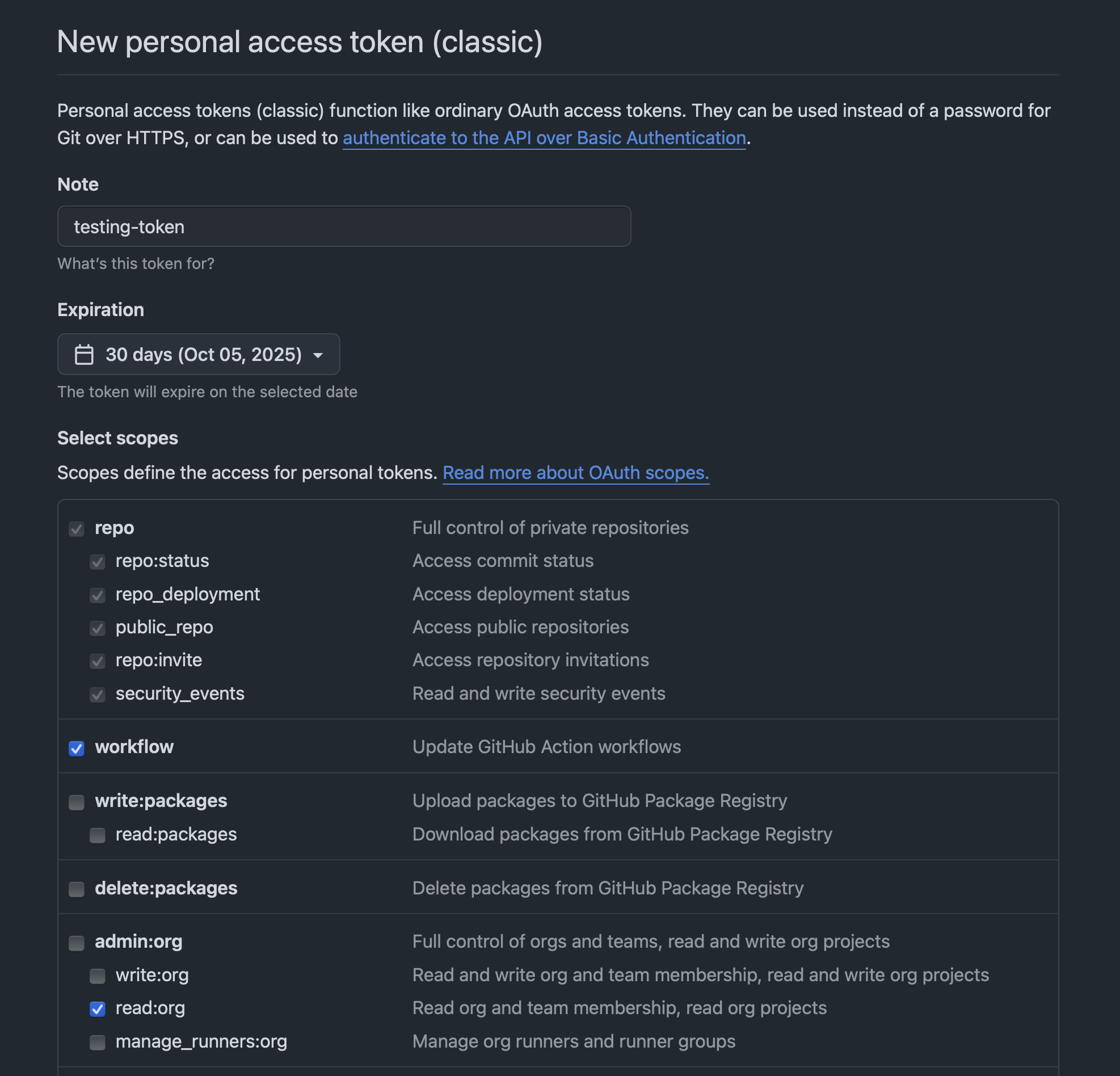 GitHub token scope selection showing repo, read:org, and workflow checked