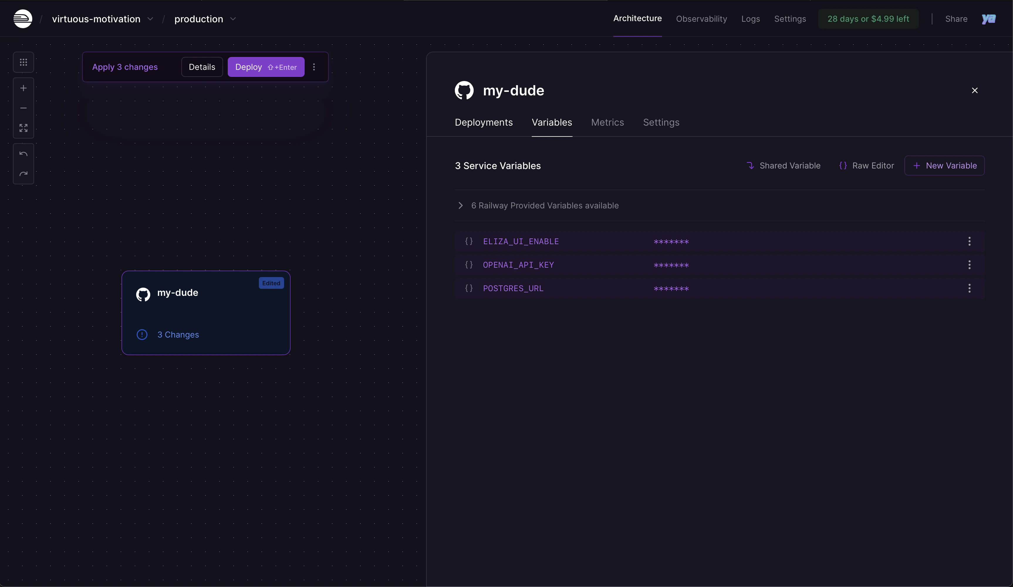 Railway environment variables interface