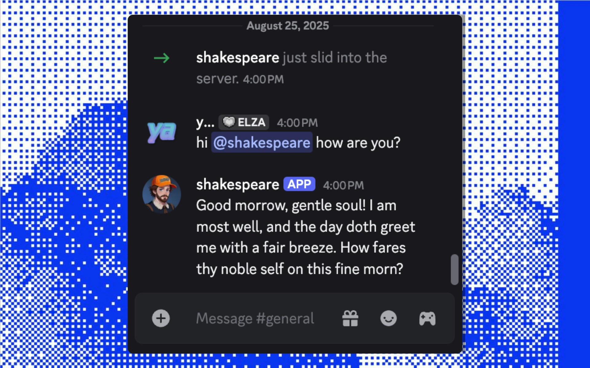 Shakespeare bot responding in Discord with Shakespearean language