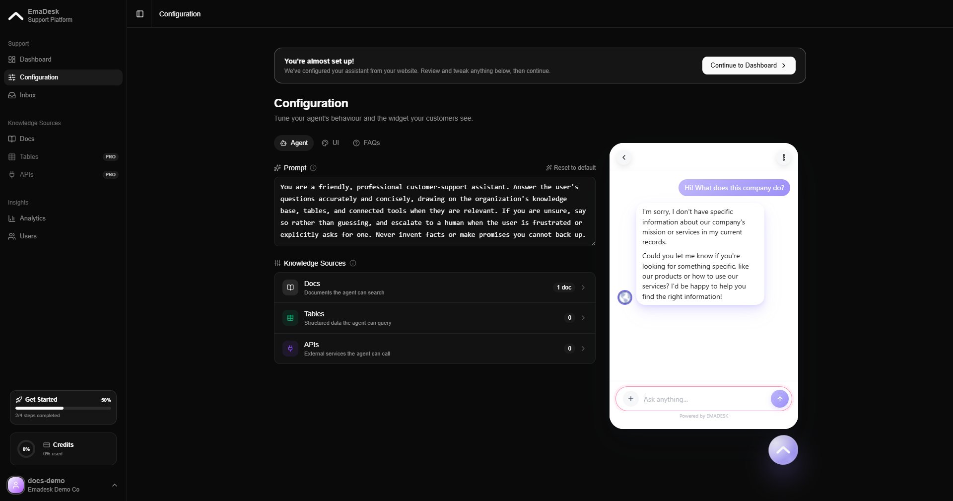 Agent answering in the live preview