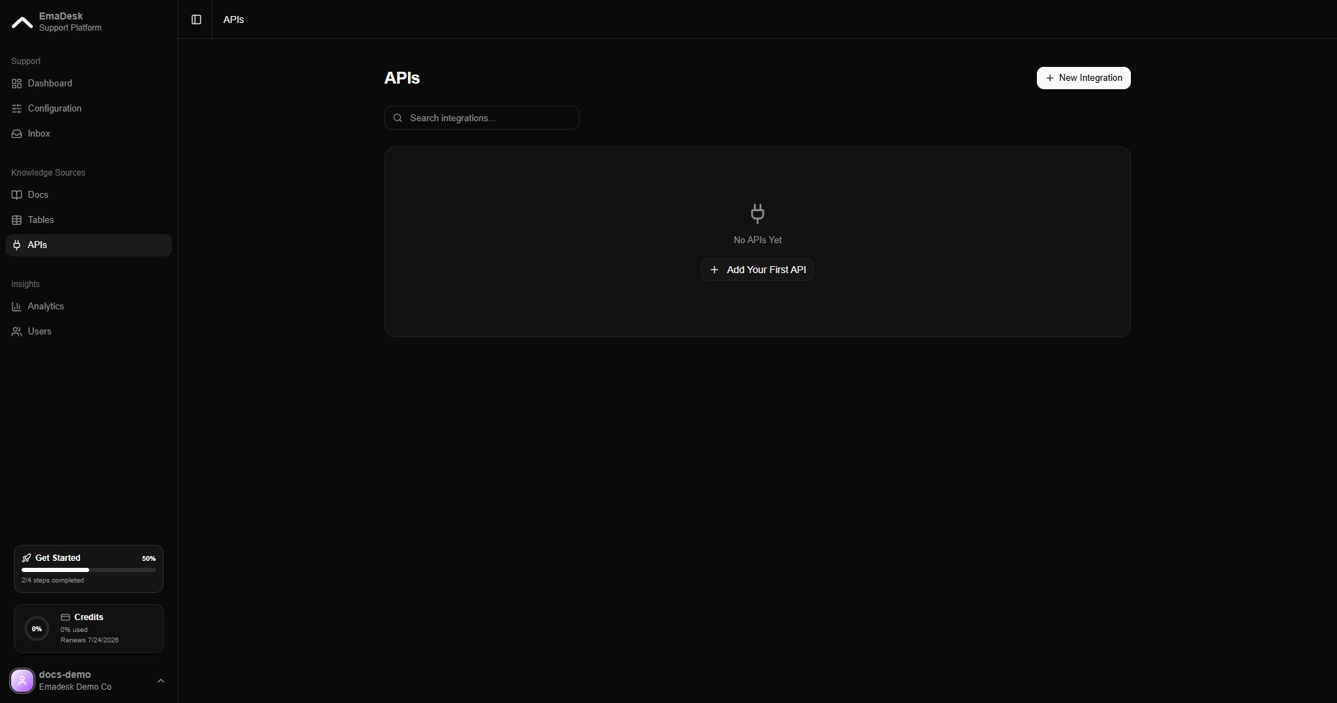 API tools, empty state