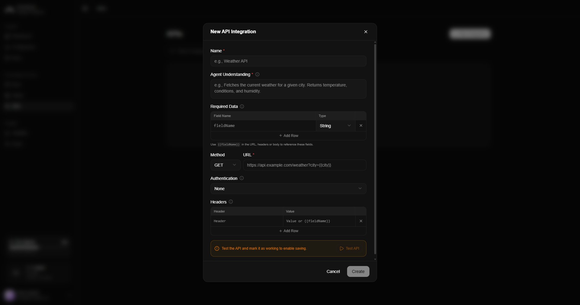New API tool dialog