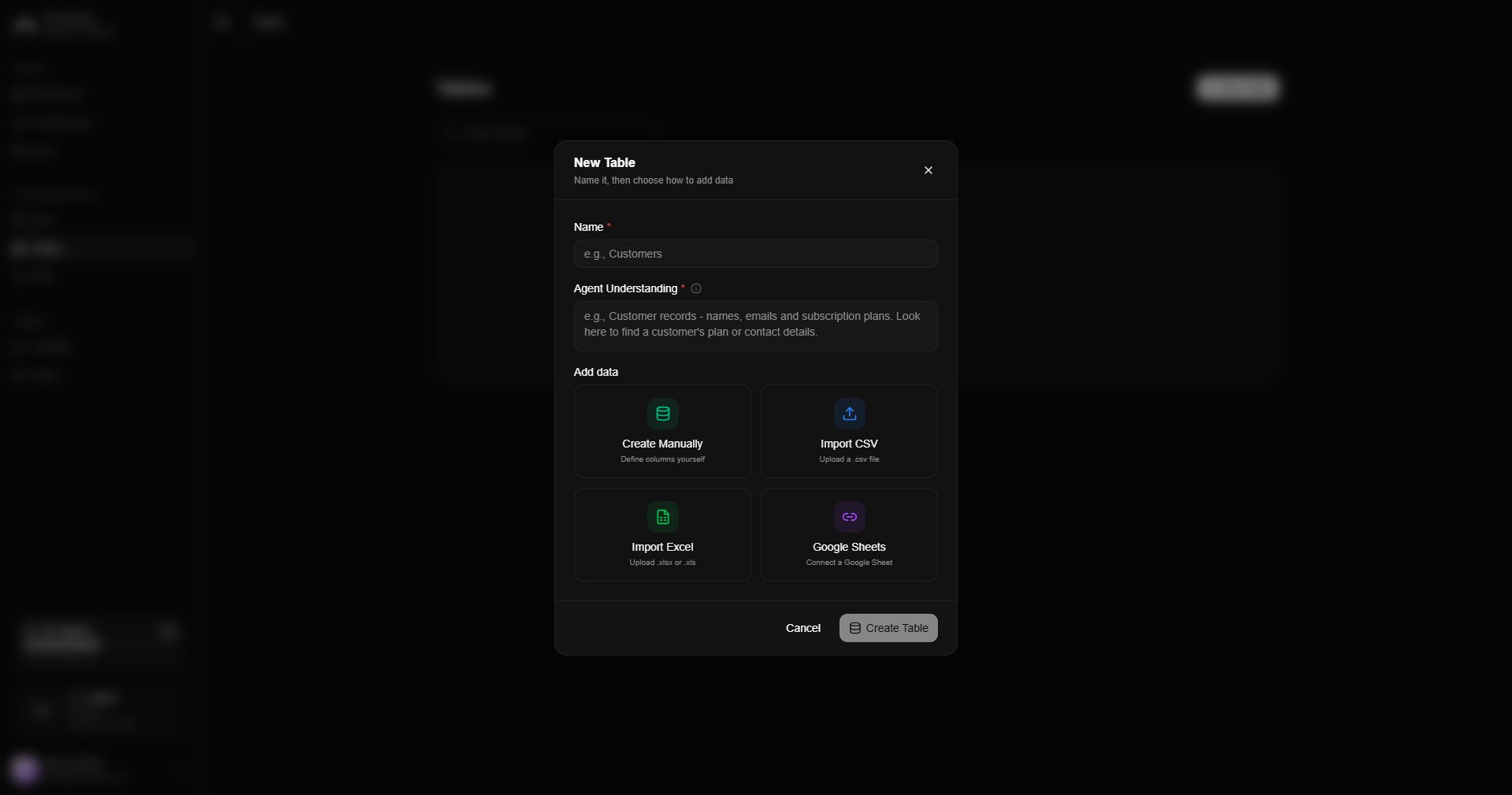 Create table dialog