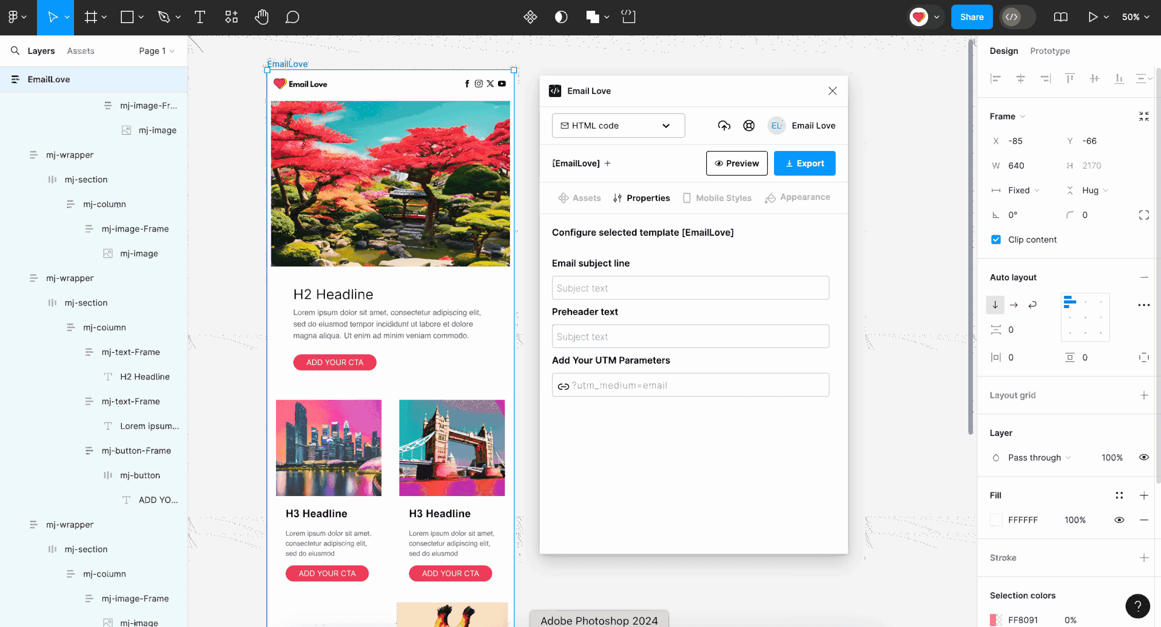 Animated walkthrough of the Properties tab applying settings to email layers