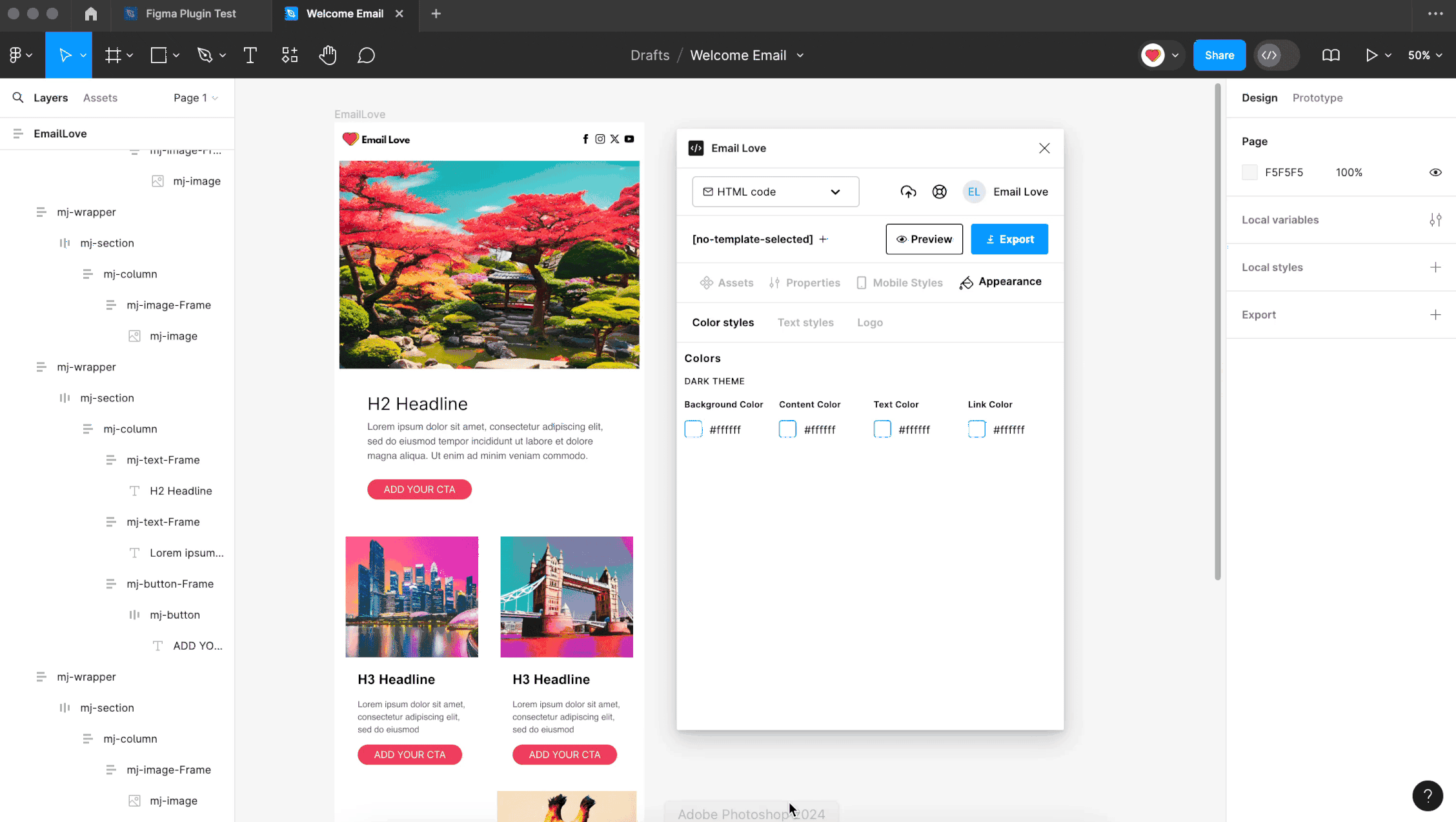Animated demo of the Appearance tab applying dark mode and font styling in the plugin