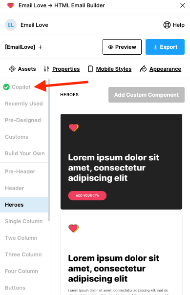 Copilot tab shown in the left hand panel of the Email Love plugin