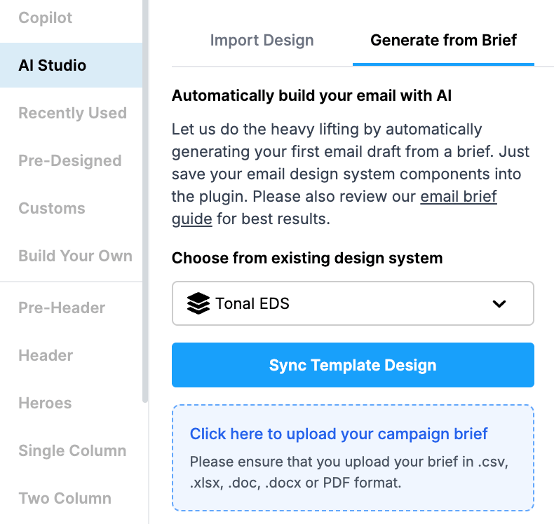 The Sync Template Design button in AI Studio's Generate from Brief screen
