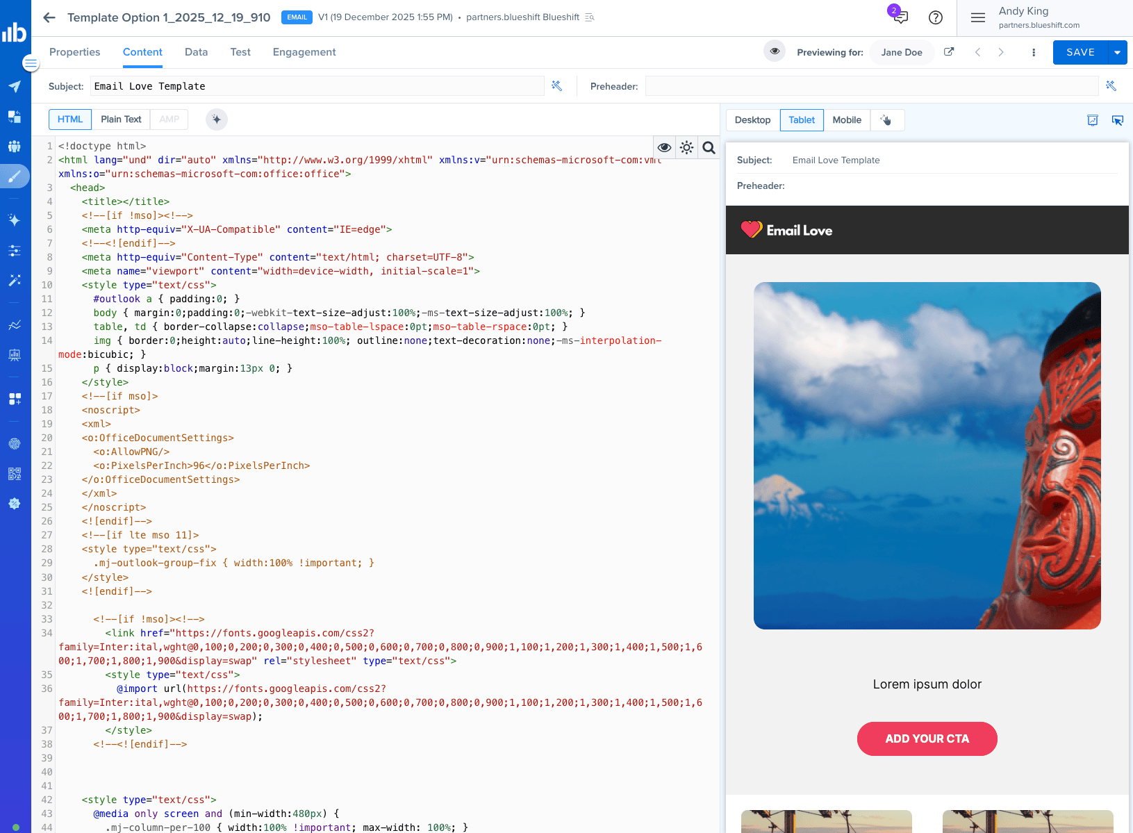 Blueshift email templates screen showing an exported Email Love template