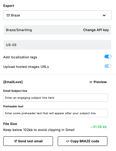 Plugin export panel configured for Braze with API key, instance ID, and localization options