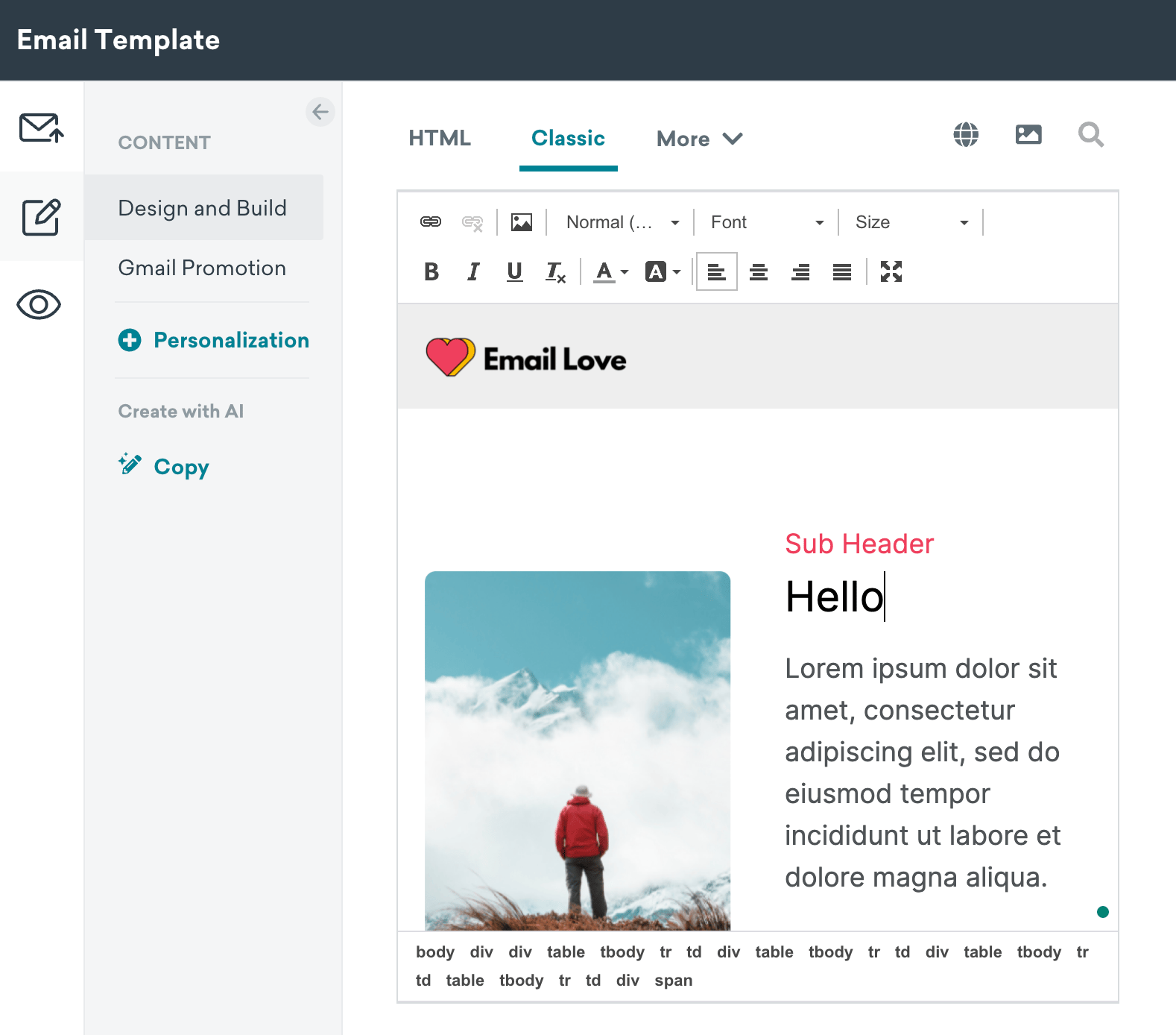 Braze template editor showing an email exported from the Email Love plugin