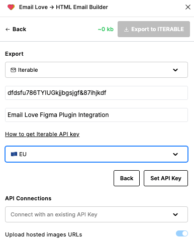 Plugin export panel configured for Iterable with API key and region fields