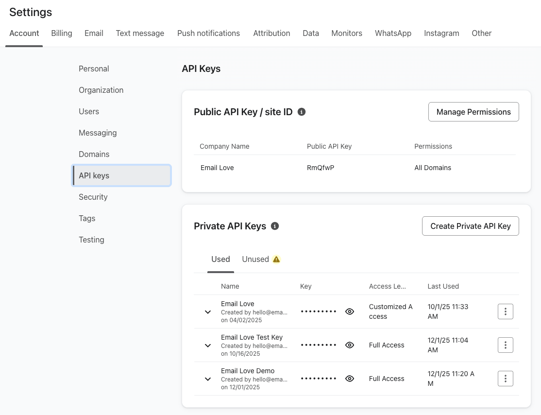 Klaviyo settings screen showing the Create Private API Key form