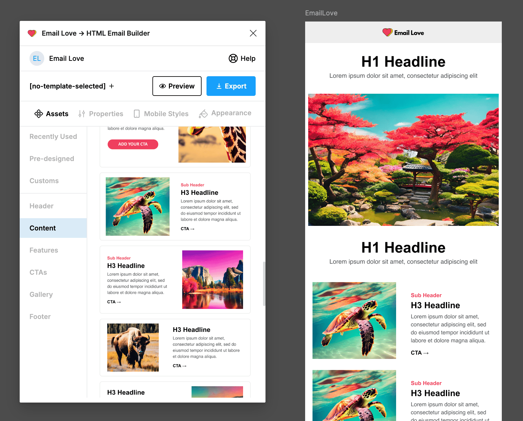 An email template assembled from Email Love pre-built components