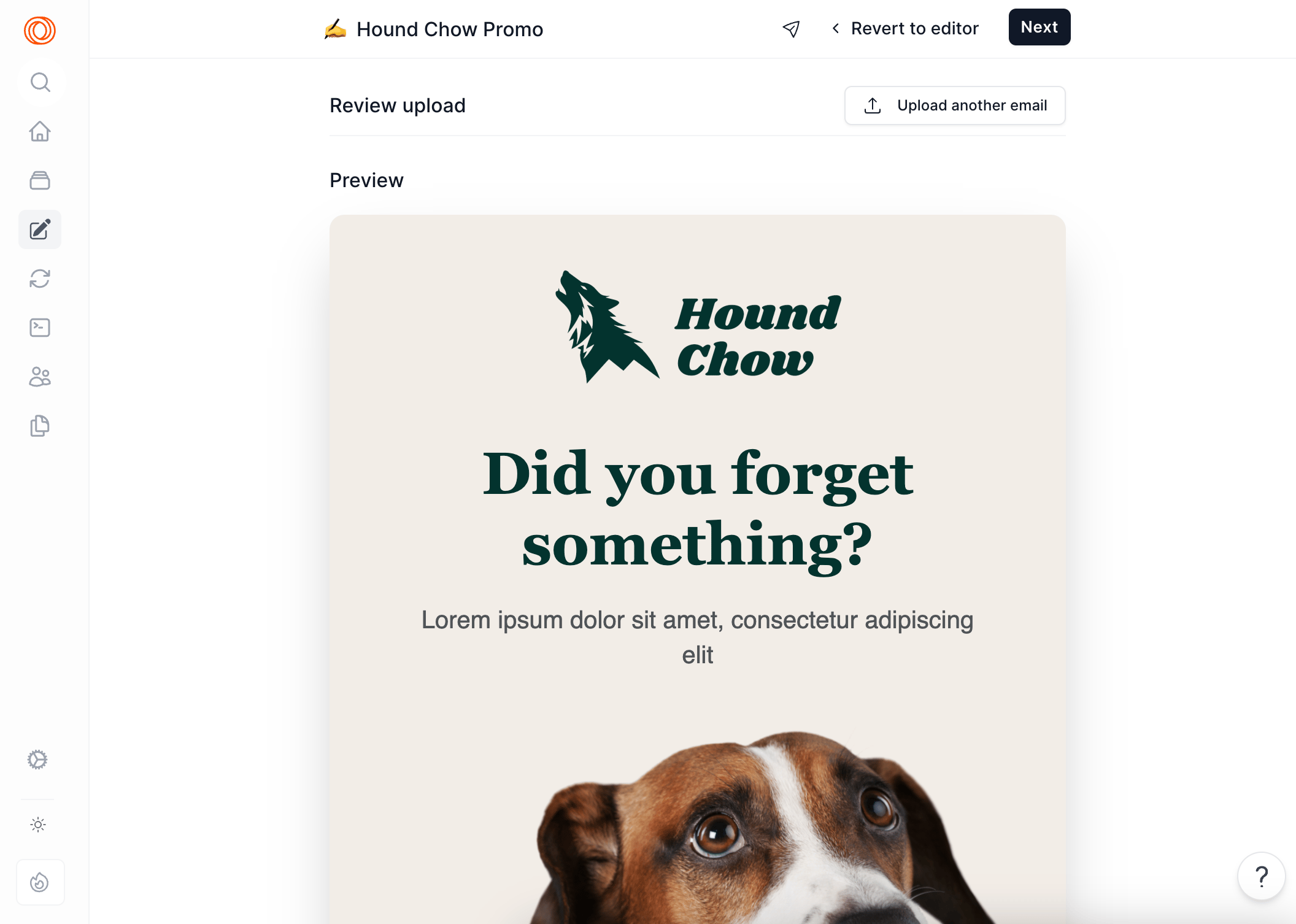 The Loops compose screen with an uploaded Email Love template