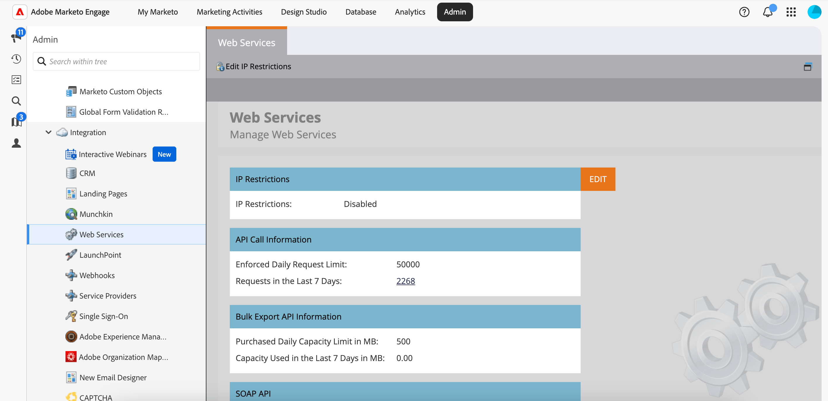 Marketo Admin Web Services page showing the REST API Endpoint URL