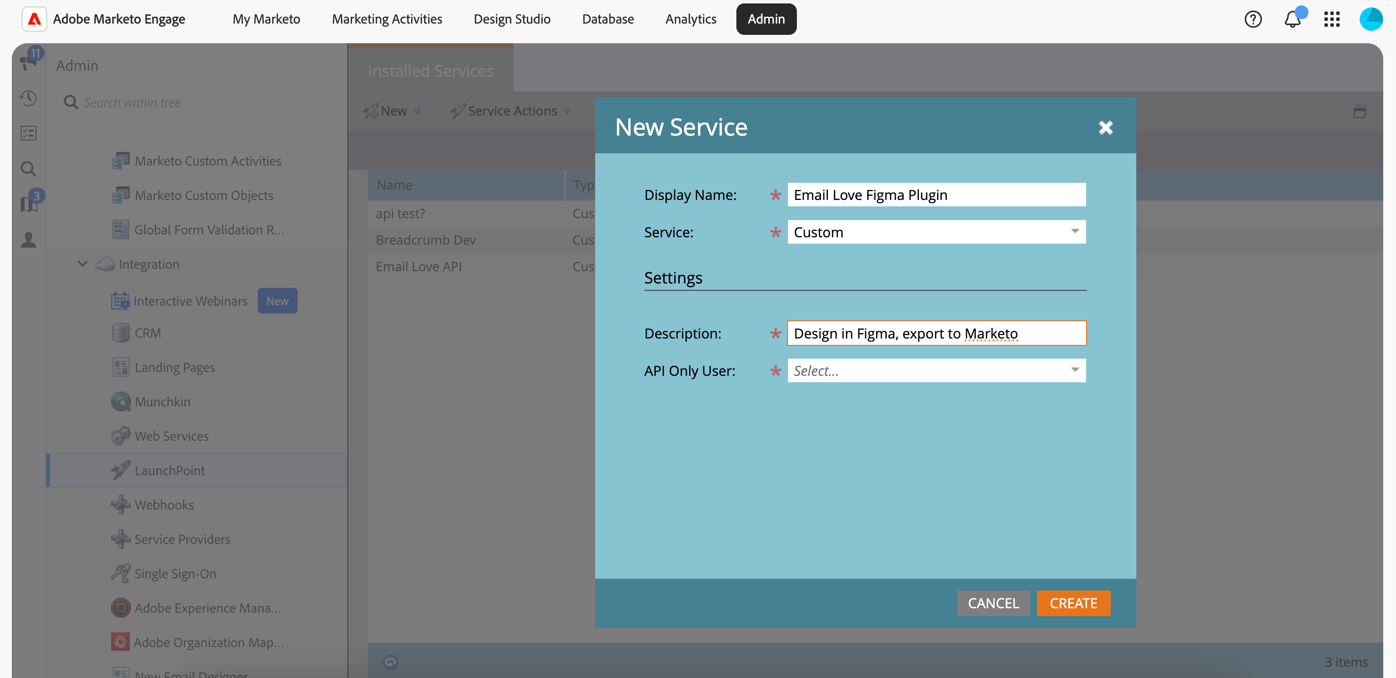 Marketo LaunchPoint service details showing Client ID and Client Secret