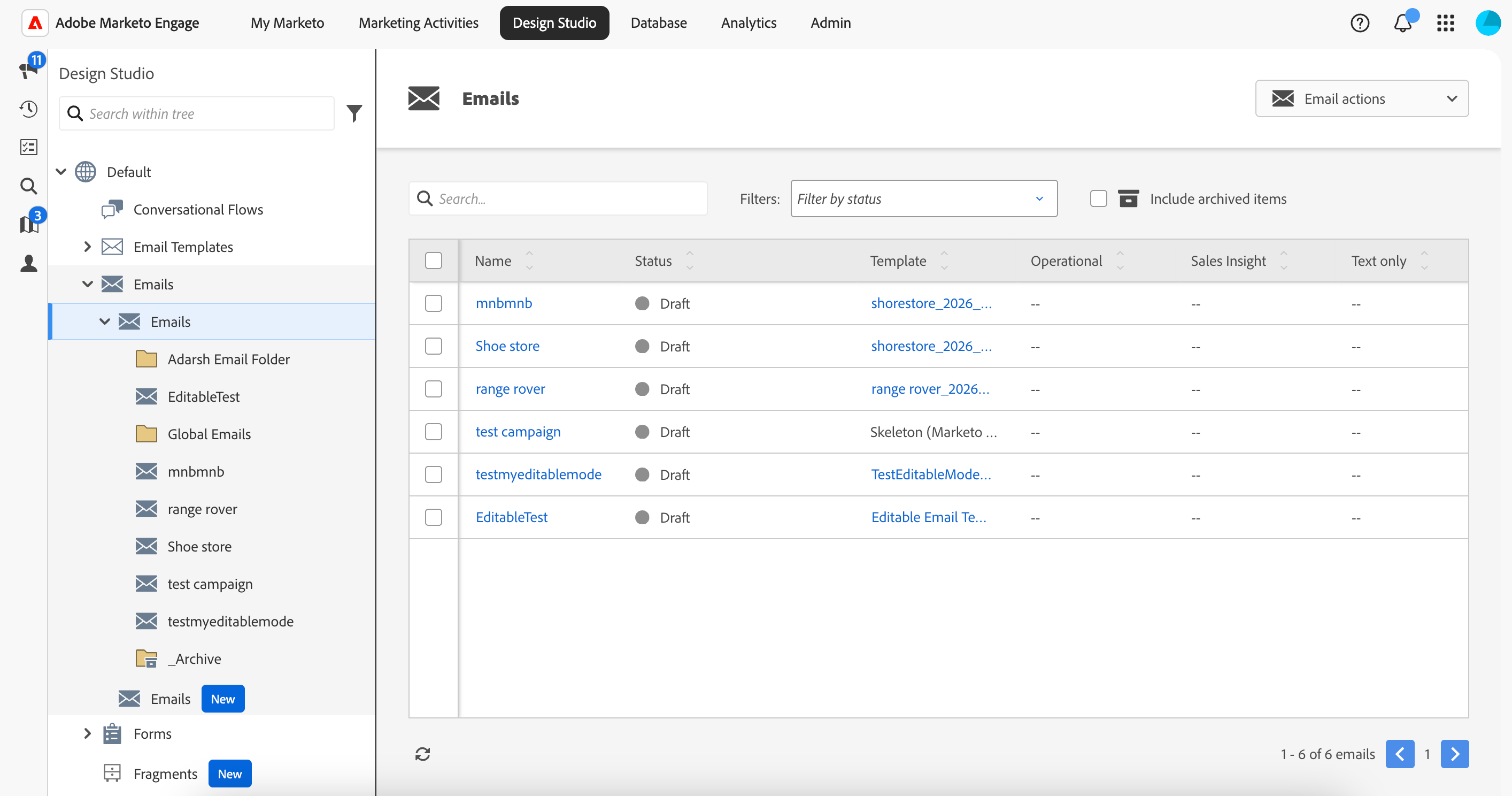 Marketo Design Studio showing an approved email template with a green checkmark