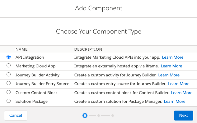 Add Component dialog in Marketing Cloud with API Integration selected