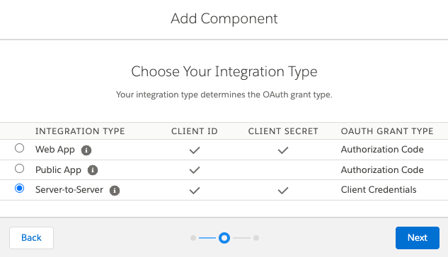 Integration type screen with Server-to-server selected