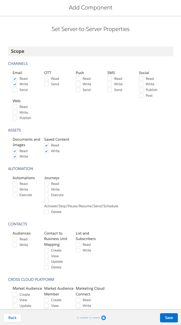 Marketing Cloud permissions screen with Emails, Documents and Images, and Saved Content set to Read and Write