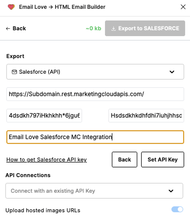 Plugin export panel with Marketing Cloud credential fields
