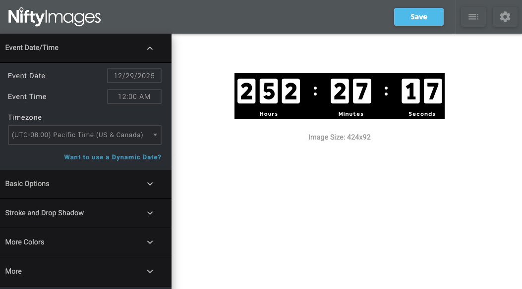 Nifty Images countdown timer setup screen with the dynamic image URL