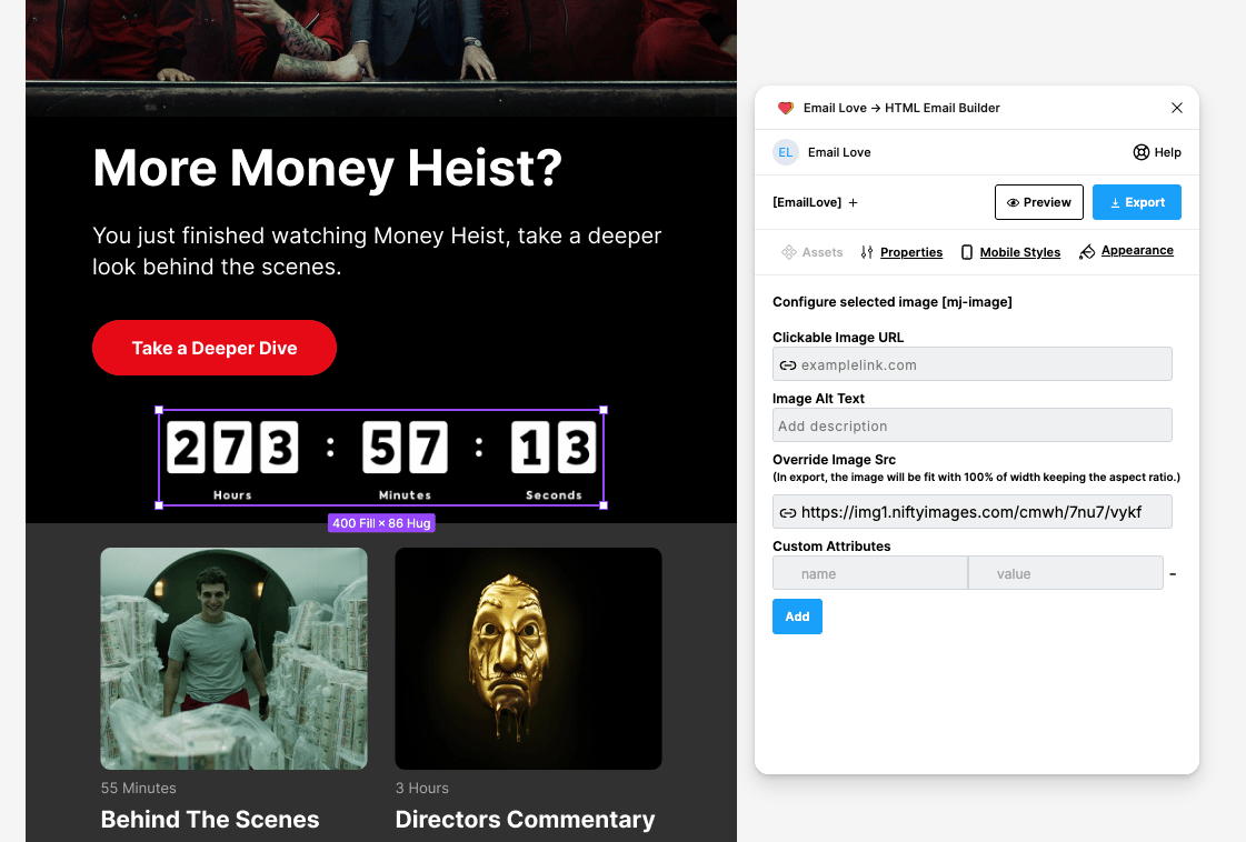 The plugin Properties tab with the dynamic countdown timer URL pasted into the image source field