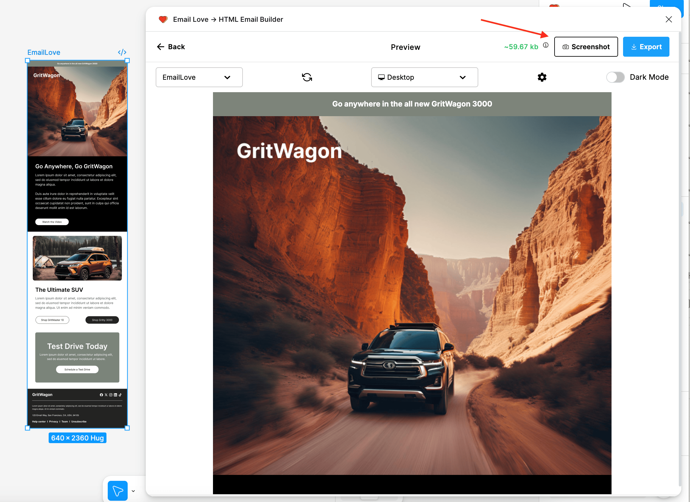 The preview window with the Screenshots camera icon in the header next to the Export button