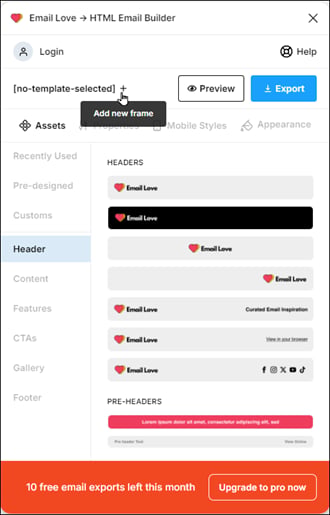 The Email Love plugin interface with the new frame button highlighted in the upper left