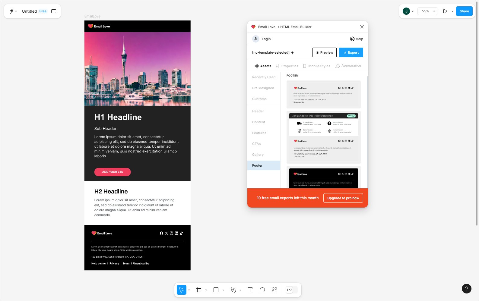 An email template on the Figma canvas built from Email Love's prebuilt header, headline, content, and footer components