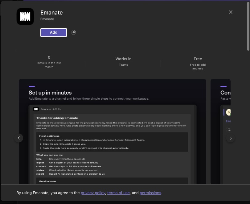 Add button on the Emanate app page in Microsoft Teams