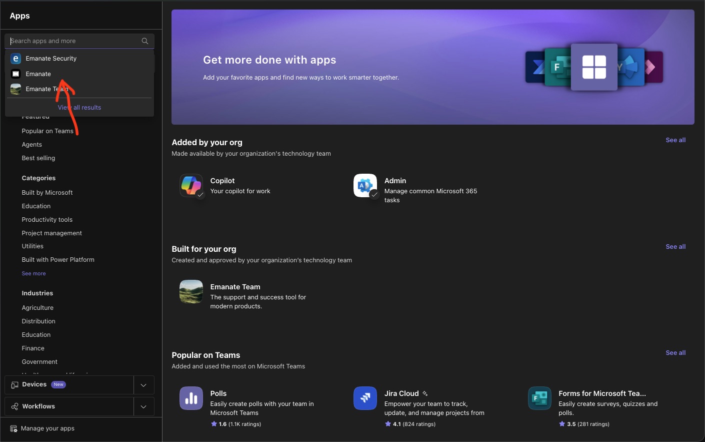 Search results for Emanate in the Microsoft Teams app store