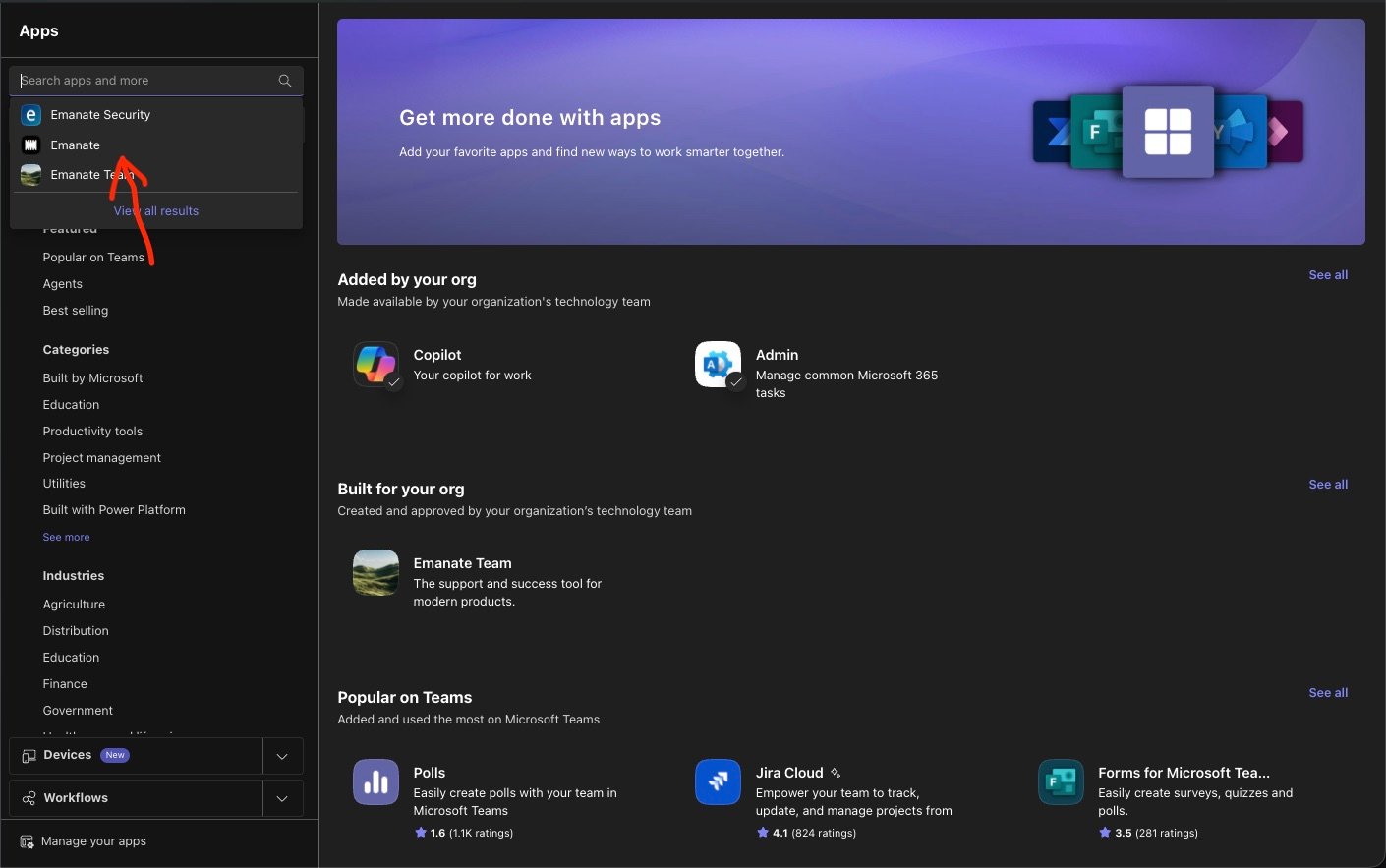Search results for Emanate in the Microsoft Teams app store