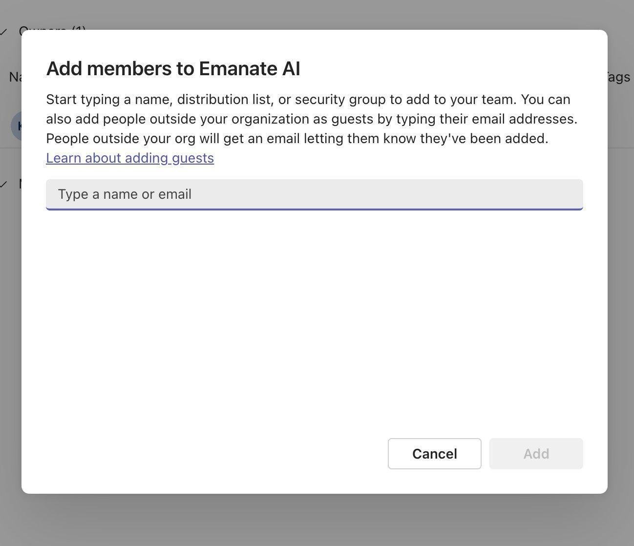 Add members dialog in Microsoft Teams