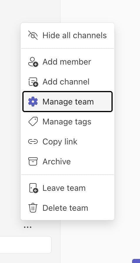 Manage team option in Microsoft Teams