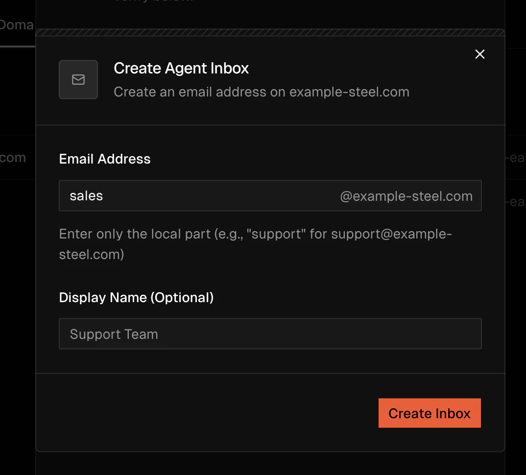 Create Agent Inbox dialog showing domain, email address, and display name fields