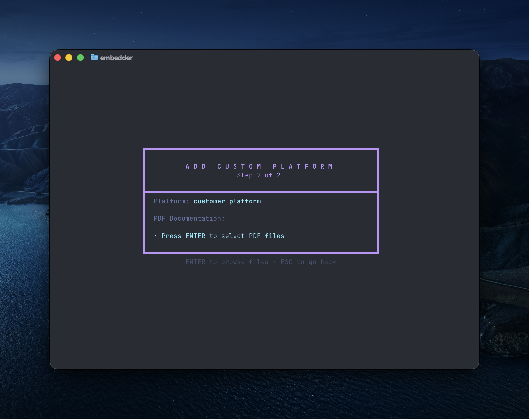 SELECT PLATFORM dialog showing menu to upload documentation in pdf form