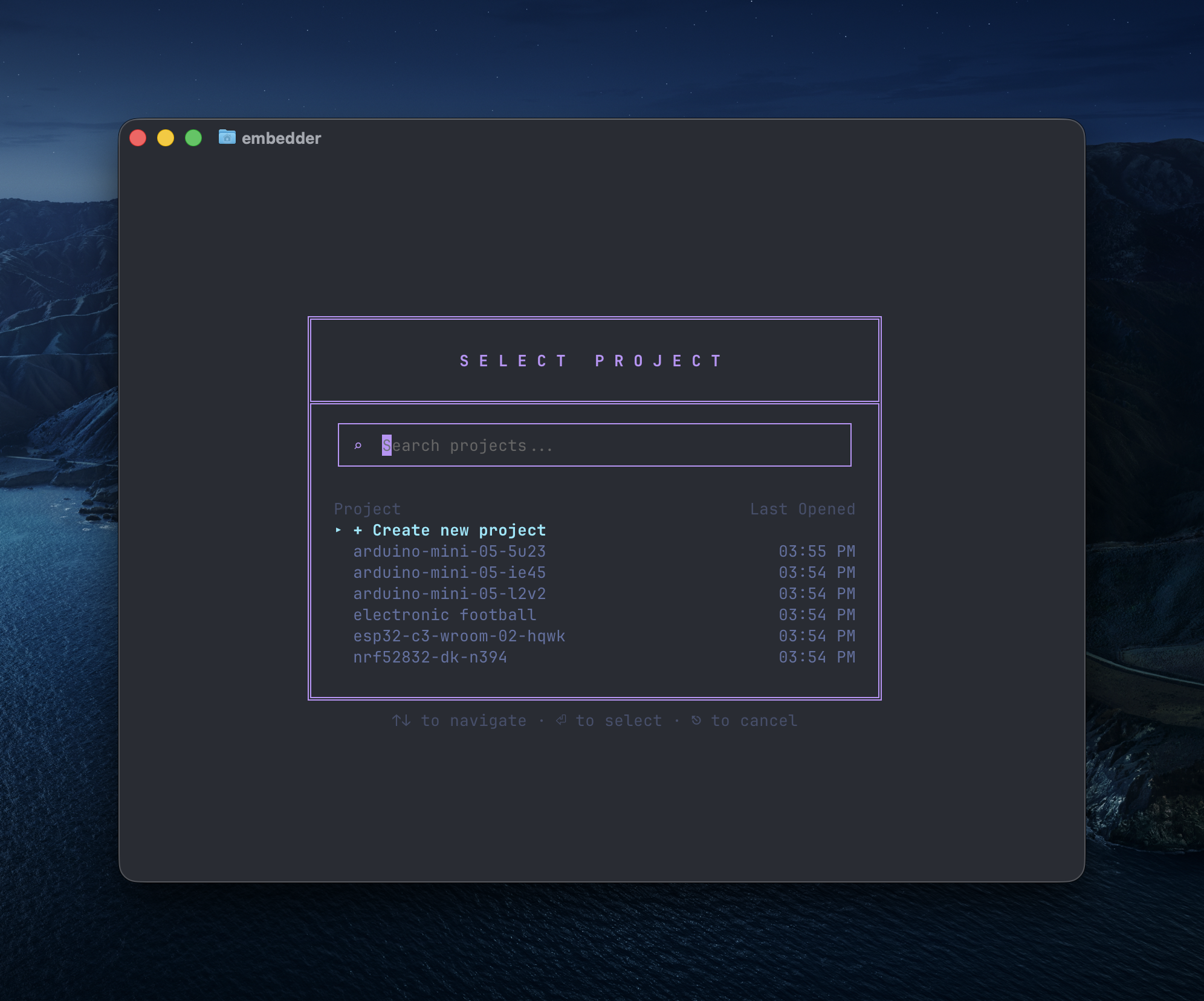Boîte de dialogue SÉLECTIONNER UN PROJET avec zone de recherche affichant le bouton Créer un nouveau projet et la liste des projets précédents