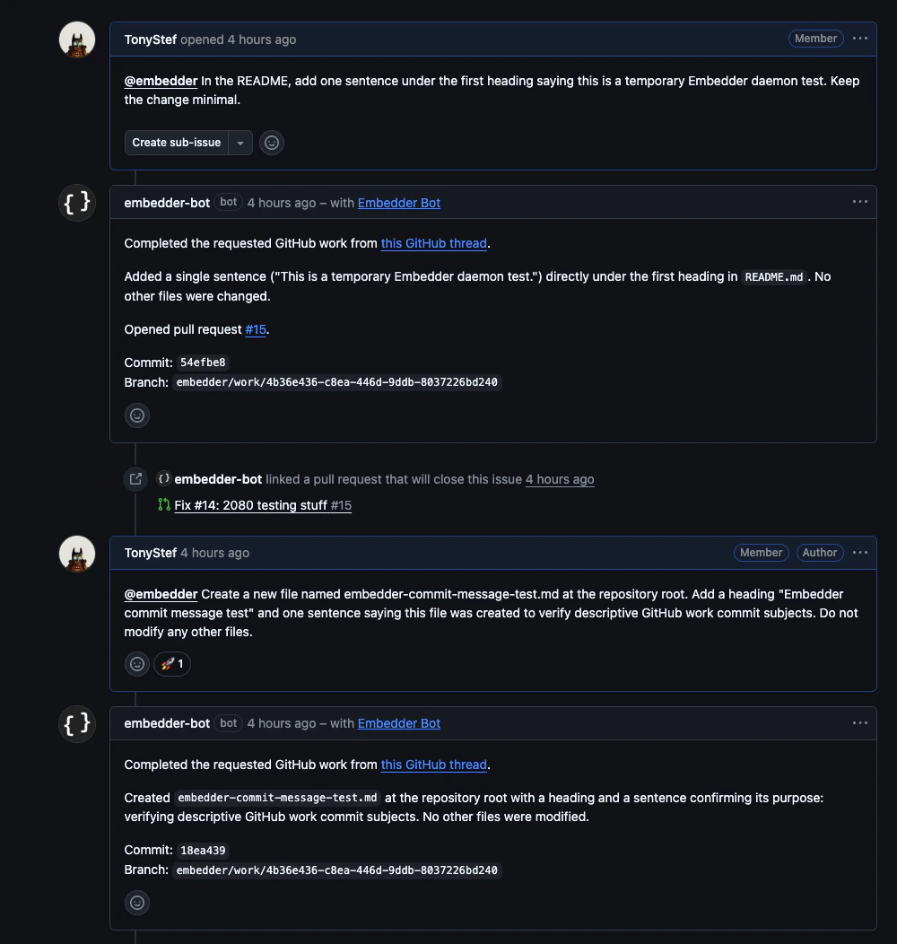 GitHub issue thread showing an @embedder request, an embedder-bot completion comment, and a linked pull request