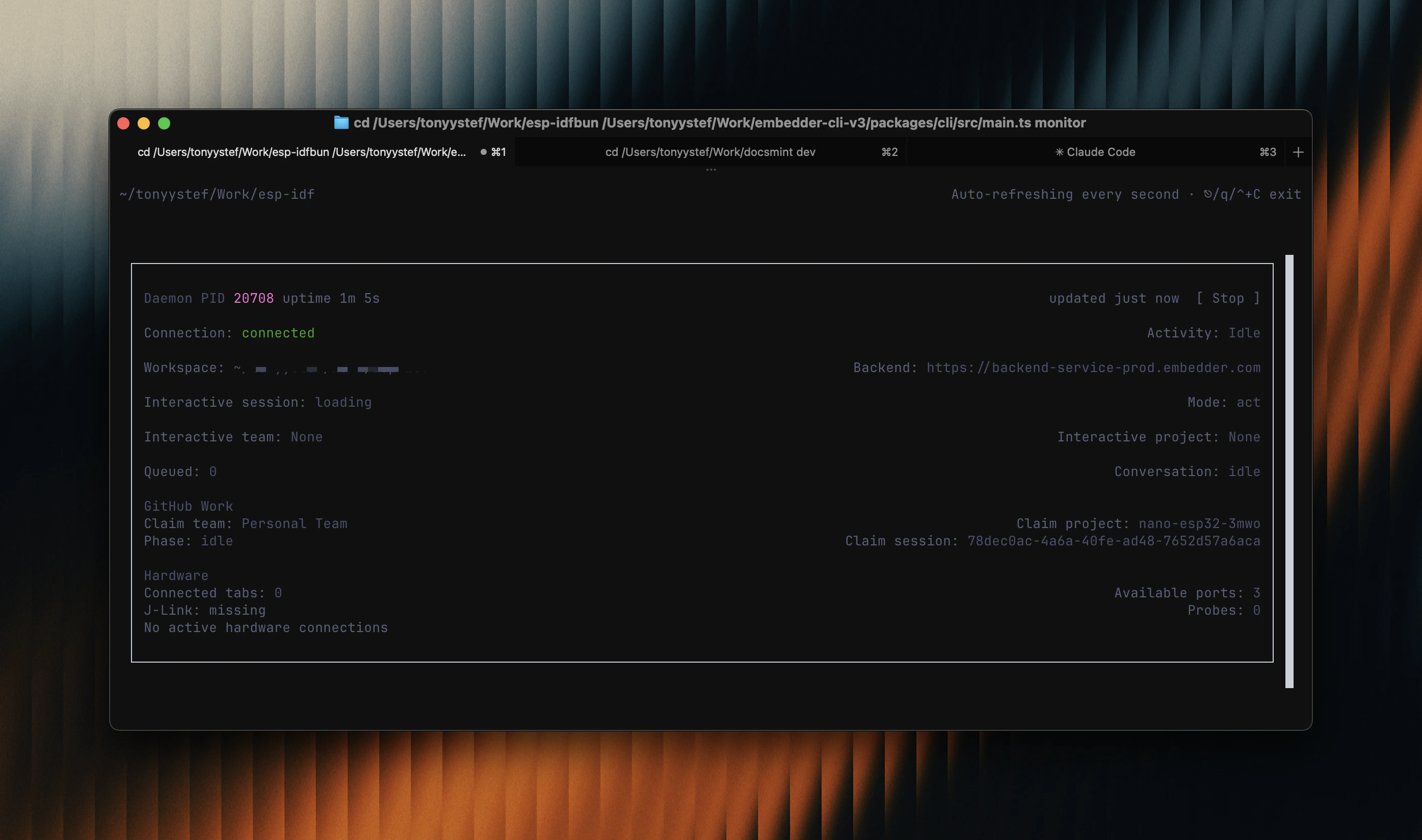 Daemon monitor showing a connected Embedder daemon with GitHub work state, claim team, claim project, and stop control